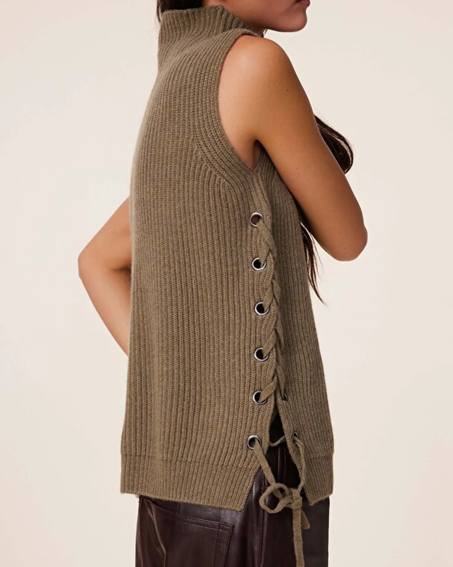 Pull Cachemire Col Cheminee Sans Manches, 6 Fils