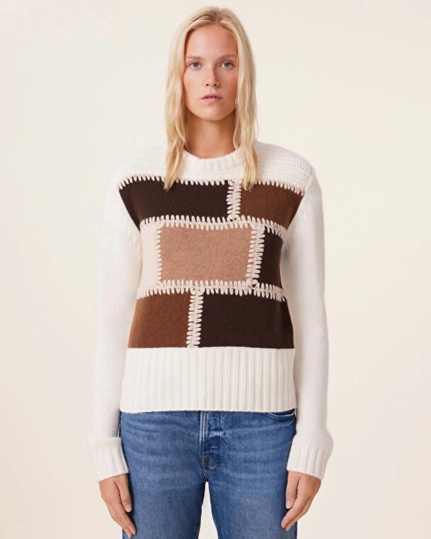 Pull Cachemire Col Rond Patchwork, 8 Fils