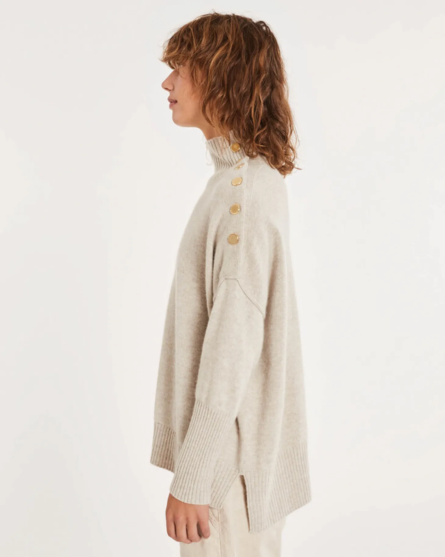 Pull Cachemire Col Roule Boutons Gold