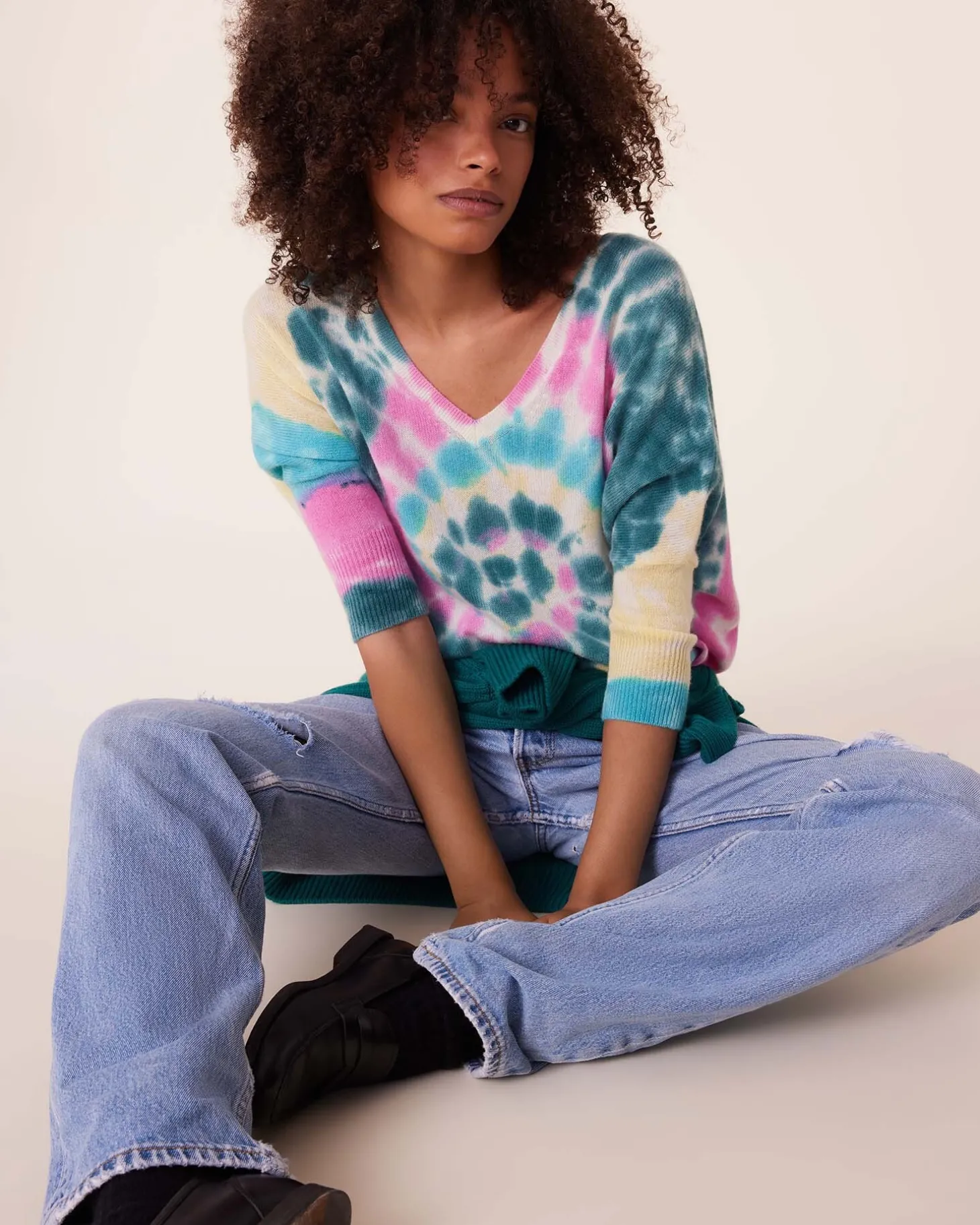 Pull Cachemire Col V Oversize Tie & Dye, 2 Fils