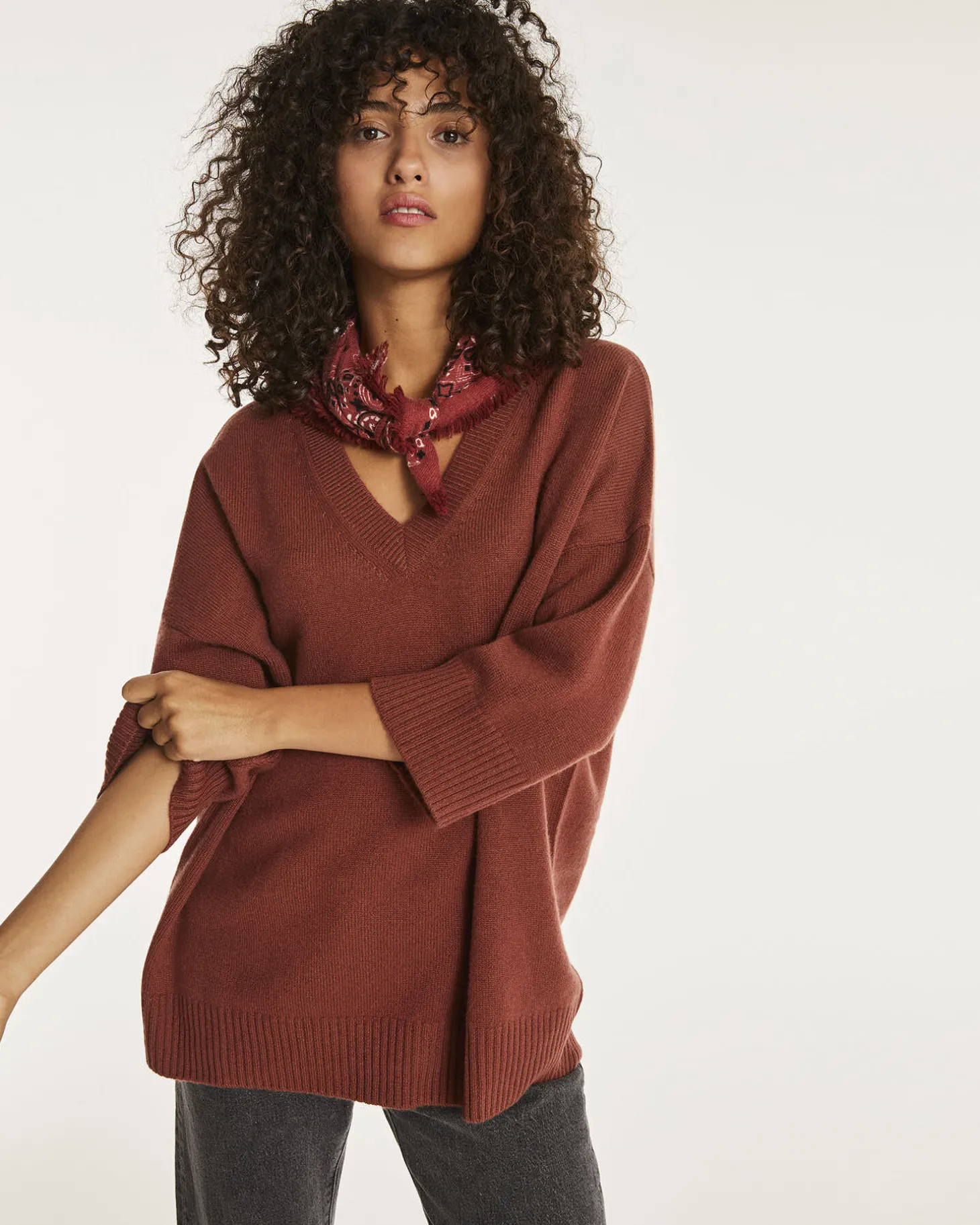 Pull Cachemire Col V Oversize Manche 3/4