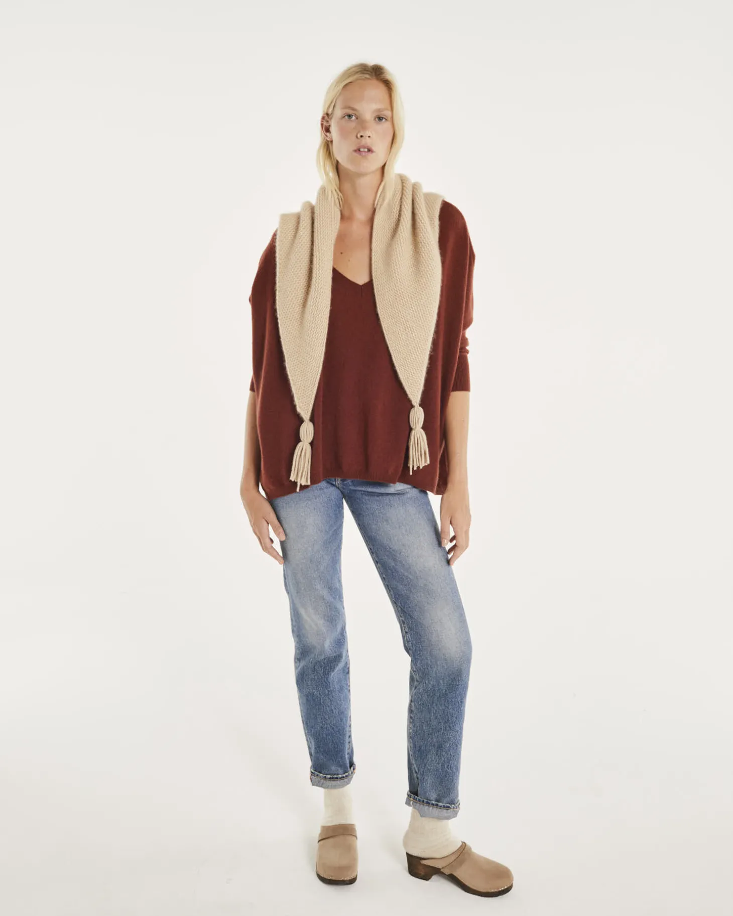 Pull Cachemire Col V Oversize Manche 3/4