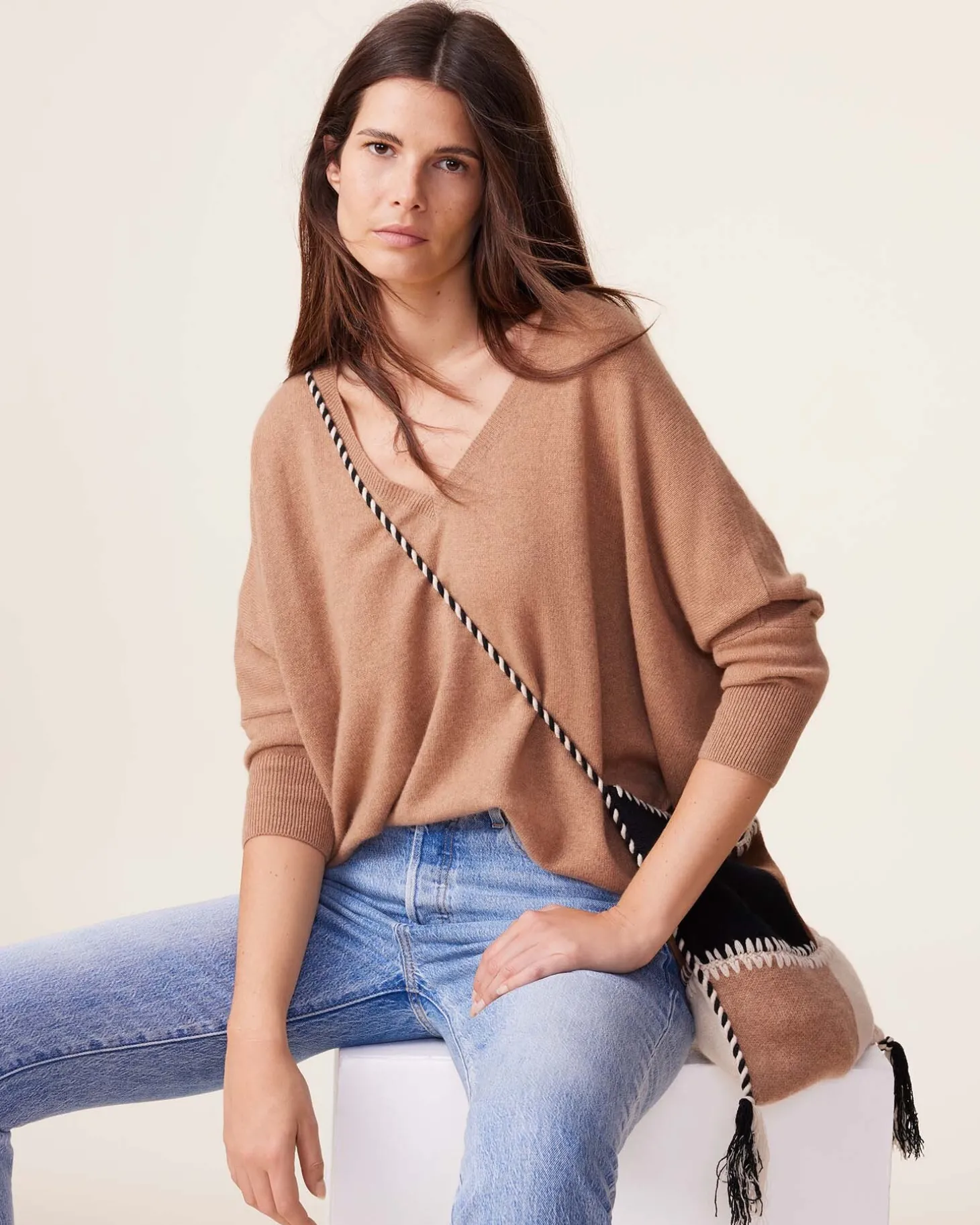 Pull Cachemire Col V Oversize Manche 3/4