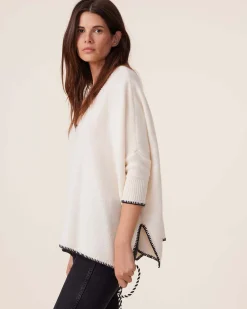Pull Cachemire Col V Oversize Manche 3/4, 6 Fils