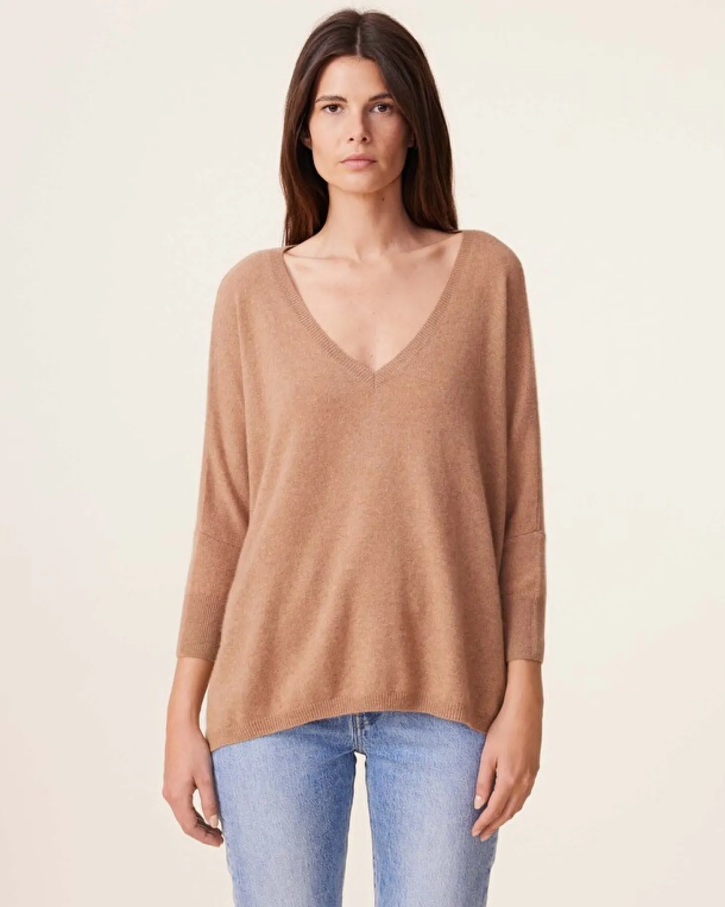 Pull Cachemire Col V Oversize Manche 3/4