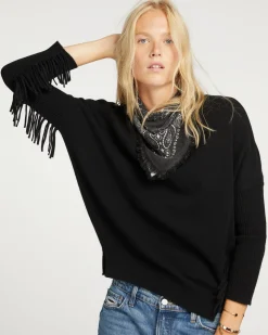 Pull Col Rond Cachemire Femme Avec Franges, 2 Fils